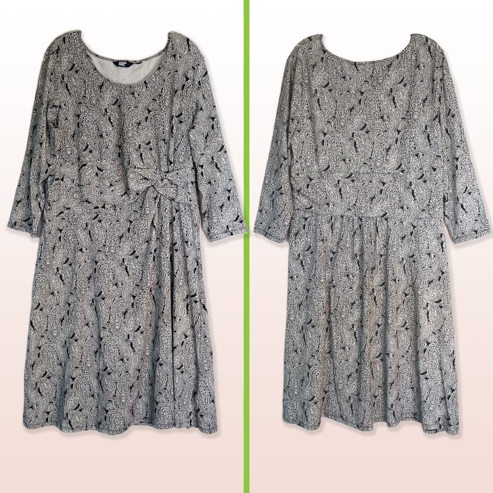 Lands’ End Black White Paisley Stretch Fit & Flair Dress Size 14